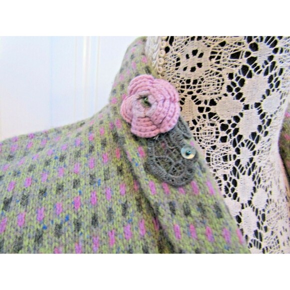 Sigrid Olsen Cardigan Green Wool Blend Knit Sweater Crochet Floral Accents PM - Picture 6 of 12